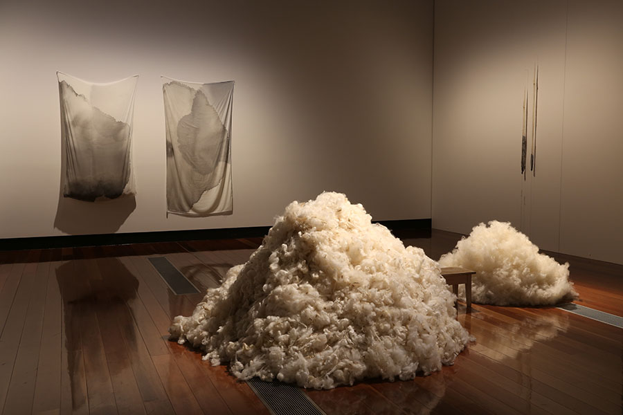 installation view with woven drops