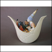Artist Ann O'Connor Title Gaudi Girl Year 2011 Medium various clays, slips, glazes , lustres Support polished acrylic Height 370mm Width 420mm Depth 160mm