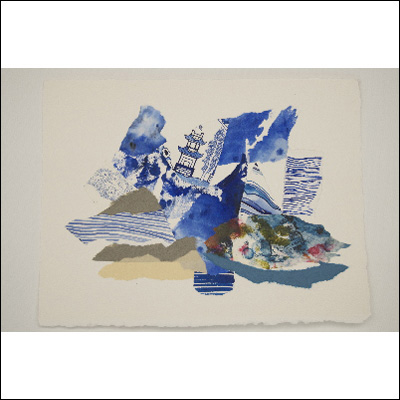 Artist Jennifer Long Title Wave Splash Year 2012 Medium Collage with watercolour & Japanese rice paper, acrylic and charbonel ink, Support Arches watercolour paper Height 29cms Width 38cms