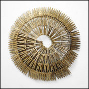 Artist 	Lyndal Hargrave Title 	Domestic Spiral Medium 	Timber, metal, stain, screws Height 	57cm Width 	56cm Depth 	8cm